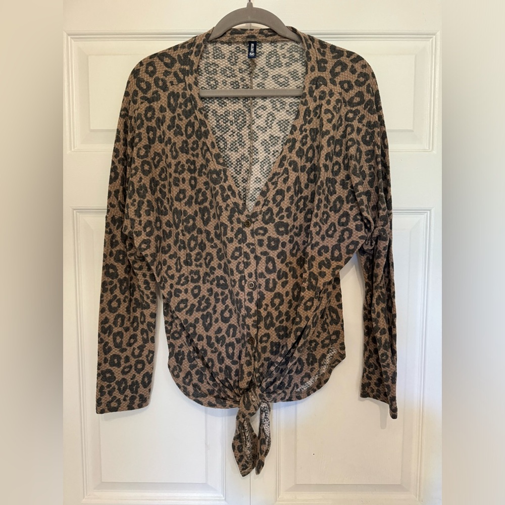 Leopard Print Waffle Knit Tunic Blouse